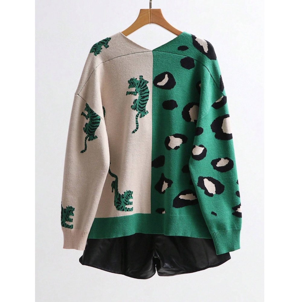 Green Beige Animal Print Button Down V-Neck Knit Cardigan - Picture 2 of 8